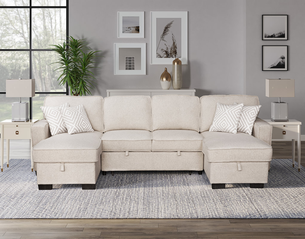 HH:Sahara Beige - Double Storage Chaise Sectional w/ Drop Down Cupholders - Image 4