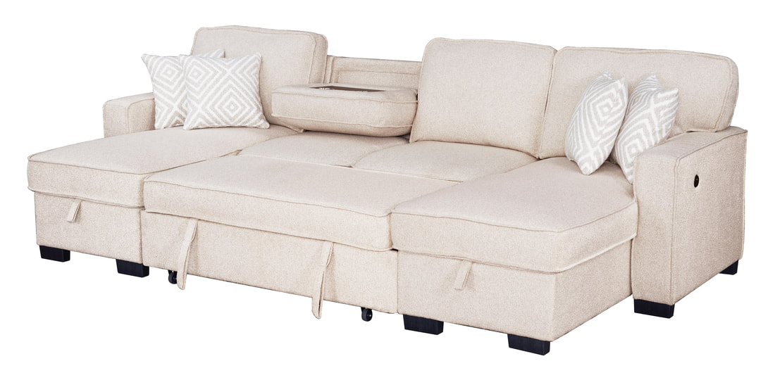 HH:Sahara Beige - Double Storage Chaise Sectional w/ Drop Down Cupholders - Image 3